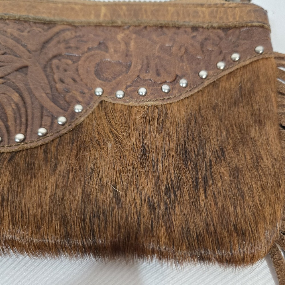 Montana West Genuine Leather Cowhide Fringe Crossbody Clutch Brown Western - Picture 2 of 14